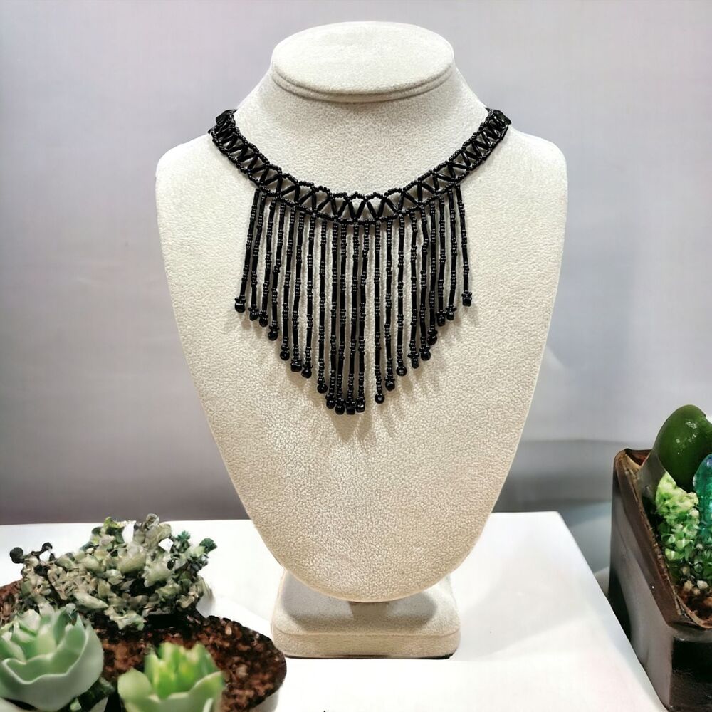 Vintage OTOMI Handcrafted Boho Bib Beaded Choker Necklace Black Seed Beads